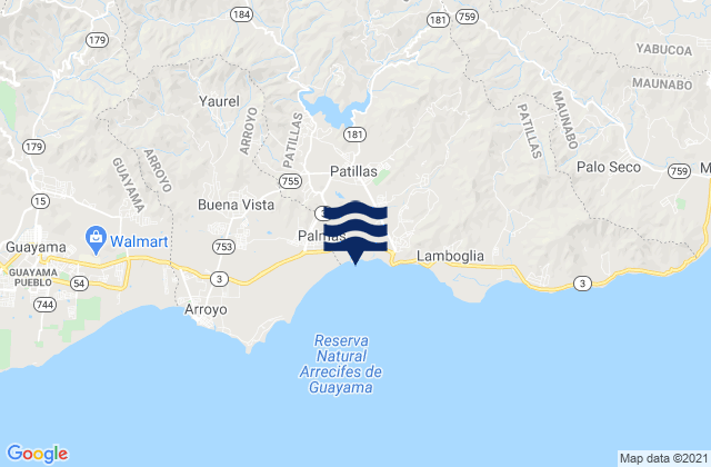 Mapa da tábua de marés em Patillas, Puerto Rico