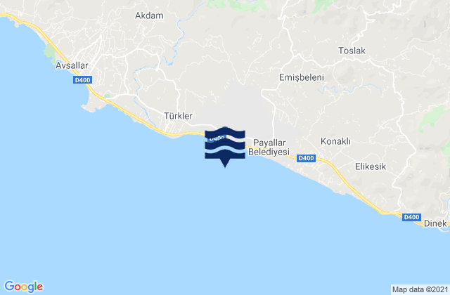Mapa da tábua de marés em Payallar, Turkey