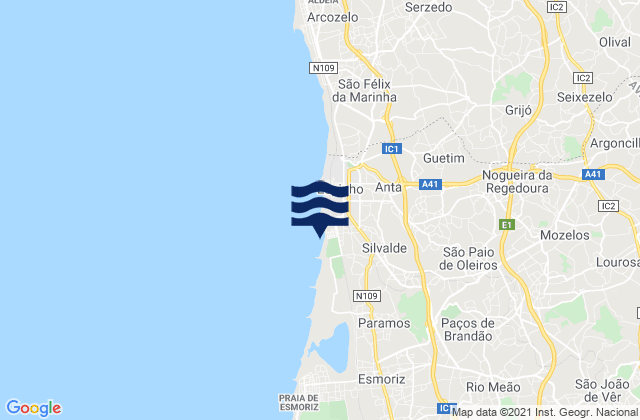 Mapa da tábua de marés em Paços de Brandão, Portugal