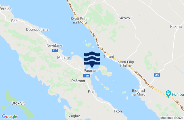 Mapa da tábua de marés em Pašman, Croatia