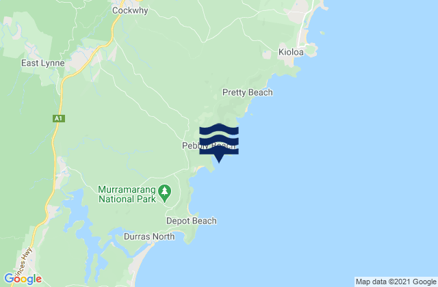 Mapa da tábua de marés em Pebbly Beach, Australia