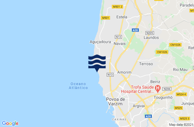 Mapa da tábua de marés em Pedroso, Portugal