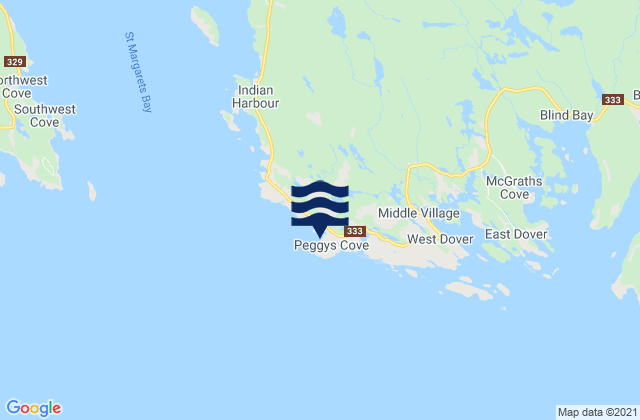 Mapa da tábua de marés em Peggys Cove Lighthouse, Canada