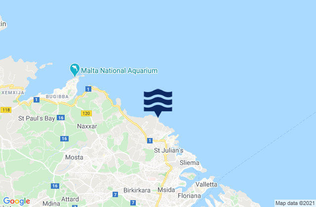 Mapa da tábua de marés em Pembroke, Malta