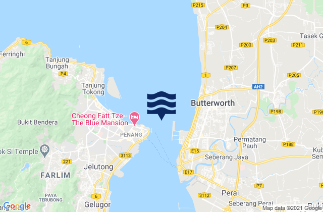 Mapa da tábua de marés em Penang Harbour, Malaysia