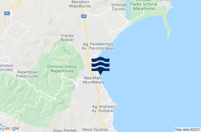Mapa da tábua de marés em Pentéli, Greece
