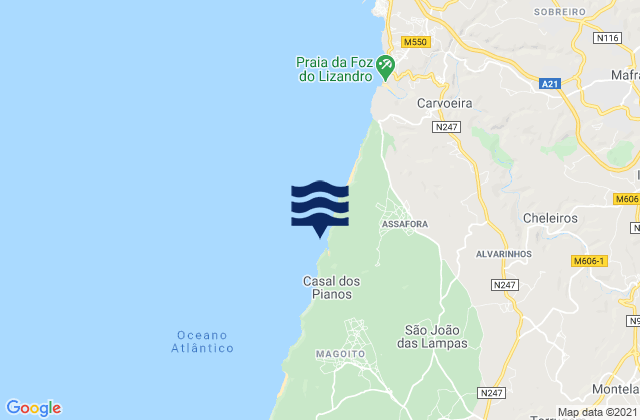 Mapa da tábua de marés em Pero Pinheiro, Portugal