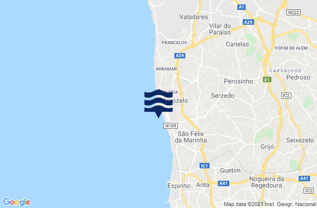Mapa da tábua de marés em Perozinho, Portugal