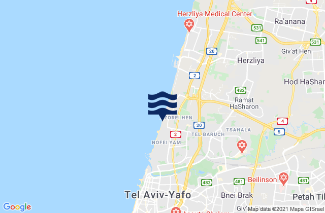 Mapa da tábua de marés em Petaẖ Tiqwa, Israel