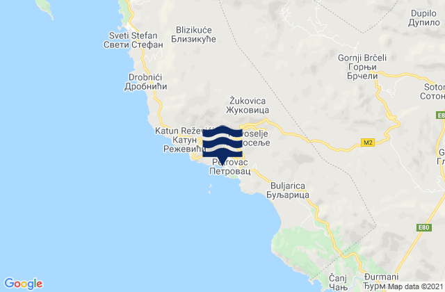 Mapa da tábua de marés em Petrovac na Moru, Montenegro