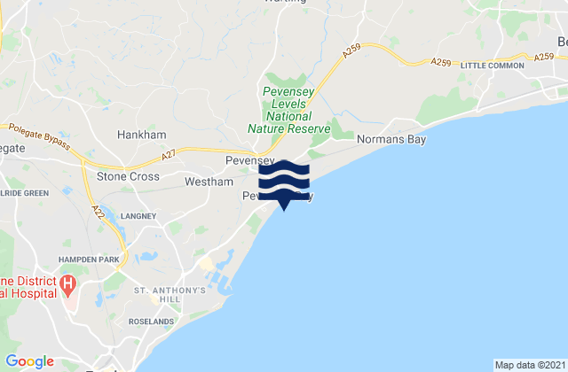 Mapa da tábua de marés em Pevensey Bay Beach, United Kingdom