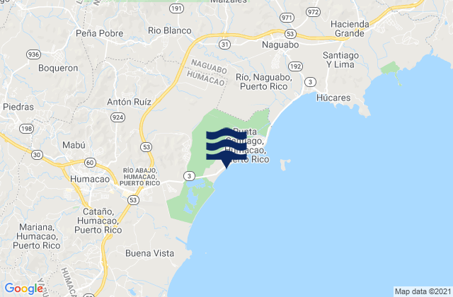 Mapa da tábua de marés em Peña Pobre, Puerto Rico