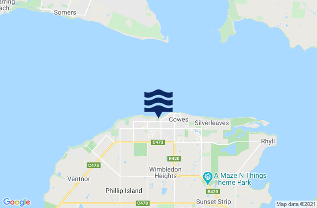 Mapa da tábua de marés em Phillip Island, Australia