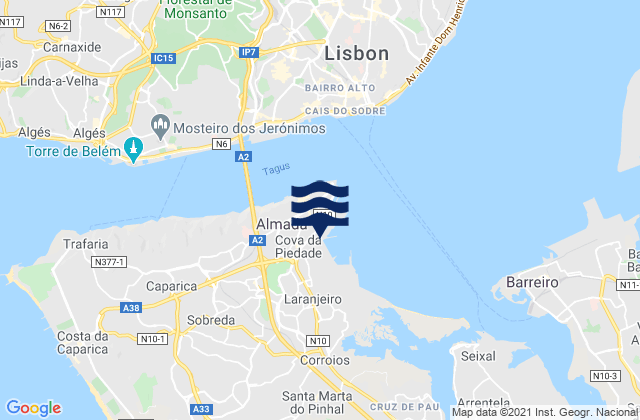 Mapa da tábua de marés em Piedade, Portugal