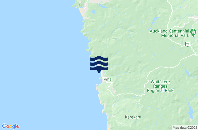 Mapa da tábua de marés em Piha Beach, New Zealand
