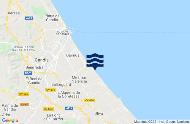 Mapa da tábua de marés em Piles, Spain