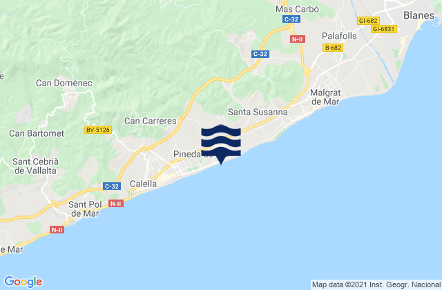 Mapa da tábua de marés em Pineda de Mar, Spain
