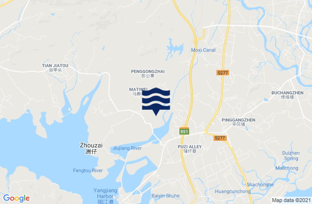 Mapa da tábua de marés em Pinggang, China