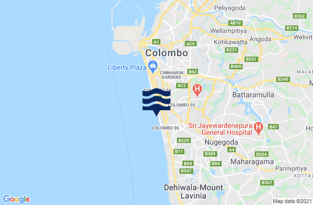 Mapa da tábua de marés em Pita Kotte, Sri Lanka