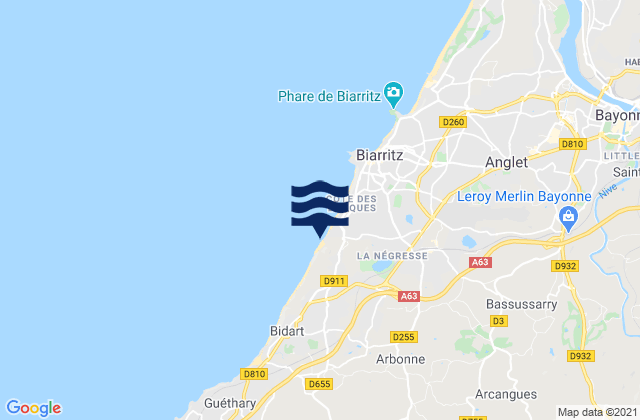 Mapa da tábua de marés em Plage d'Ilbarritz, France