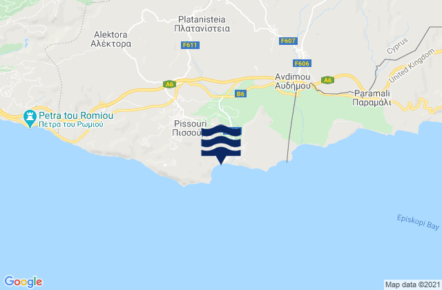 Mapa da tábua de marés em Platanísteia, Cyprus