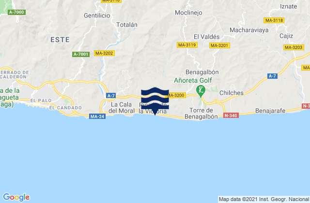 Mapa da tábua de marés em Platja Rincón de la Victoria, Spain