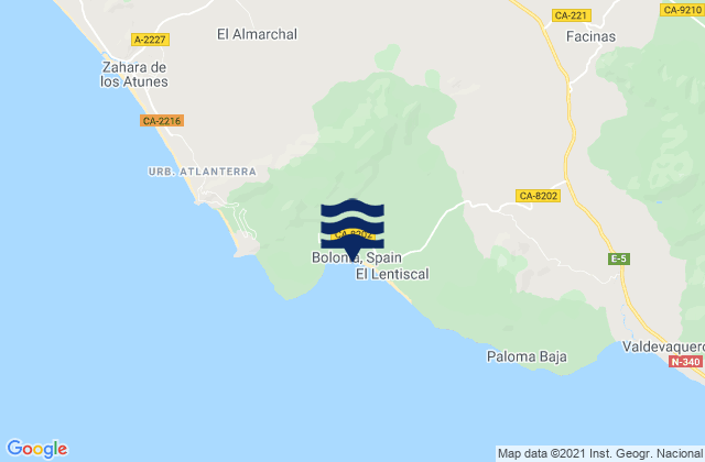 Mapa da tábua de marés em Playa Bolonia, Spain