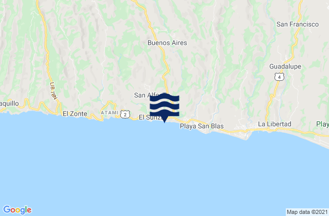 Mapa da tábua de marés em Playa El Tunco, El Salvador
