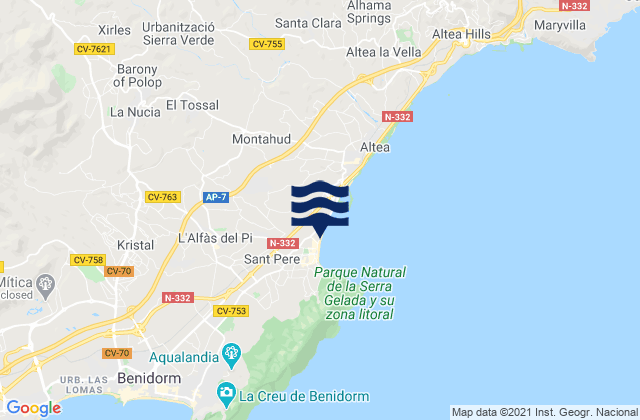 Mapa da tábua de marés em Playa Finestrat, Spain