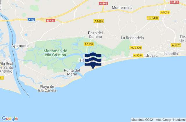 Mapa da tábua de marés em Playa Isla Cristina, Spain