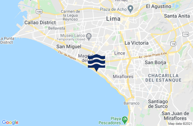 Mapa da tábua de marés em Playa Marbella, Peru