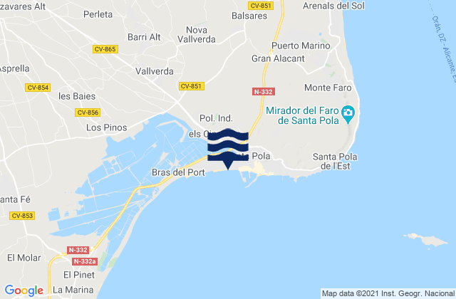 Mapa da tábua de marés em Playa Santa Pola, Spain