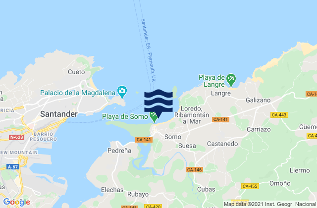Mapa da tábua de marés em Playa Somo, Spain