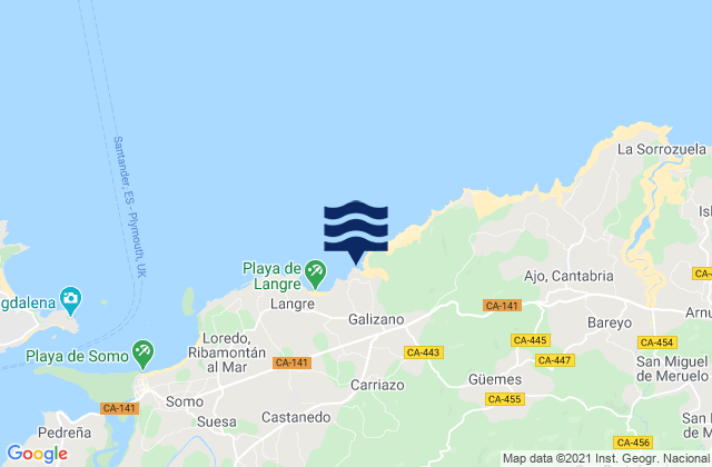 Mapa da tábua de marés em Playa de Galizano, Spain