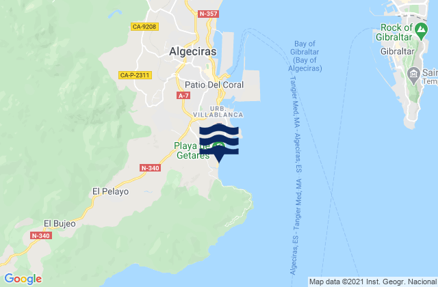Mapa da tábua de marés em Playa de Getares, Spain