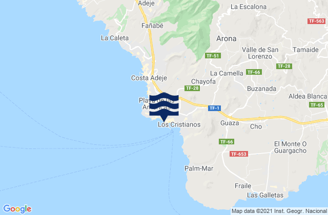 Mapa da tábua de marés em Playa de Los Cristianos, Spain