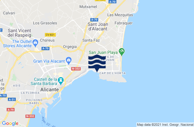 Mapa da tábua de marés em Playa de San Juan, Spain