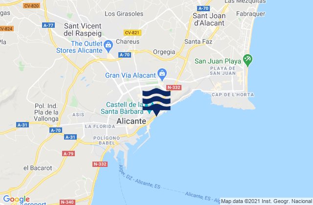 Mapa da tábua de marés em Playa del Cocó, Spain