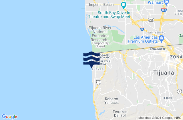 Mapa da tábua de marés em Playas de Tijuana, Mexico