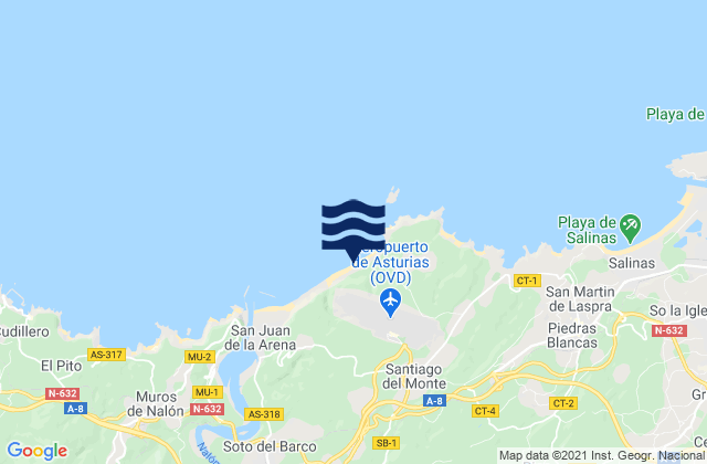 Mapa da tábua de marés em Playón de Bayas, Spain