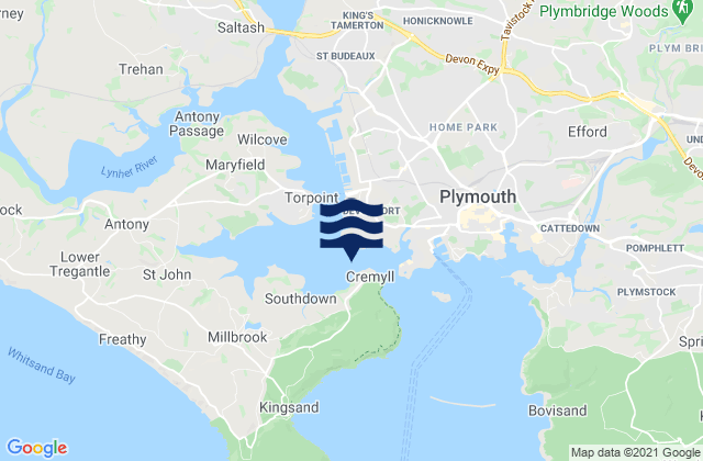 Mapa da tábua de marés em Plymouth (Devonport), United Kingdom