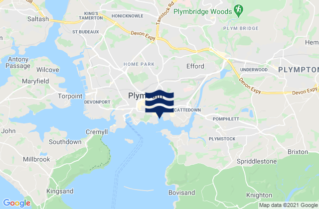 Mapa da tábua de marés em Plymouth, United Kingdom