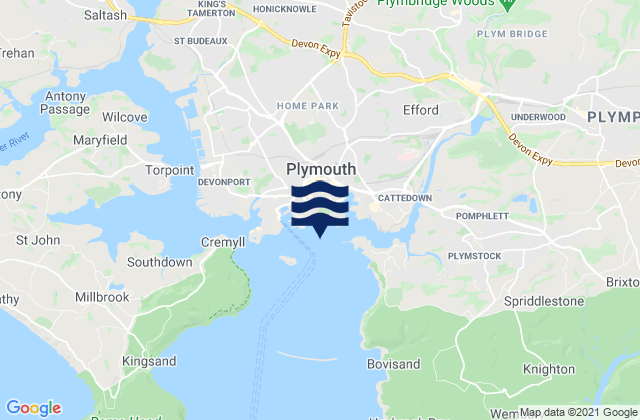 Mapa da tábua de marés em Plymouth, United Kingdom