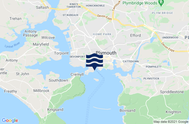 Mapa da tábua de marés em Plymouth Port, United Kingdom