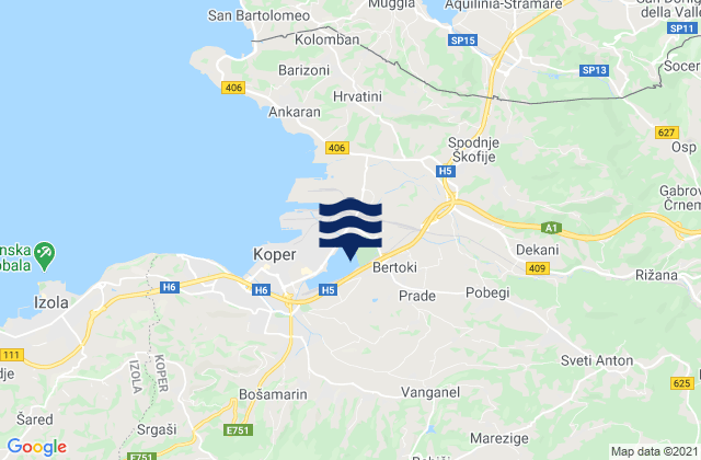 Mapa da tábua de marés em Pobegi, Slovenia
