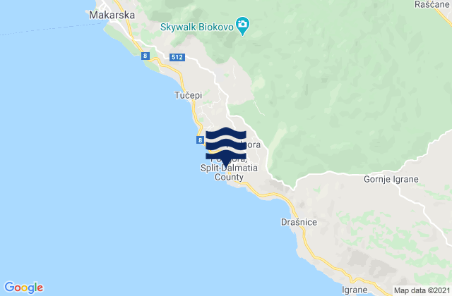 Mapa da tábua de marés em Podgora, Croatia