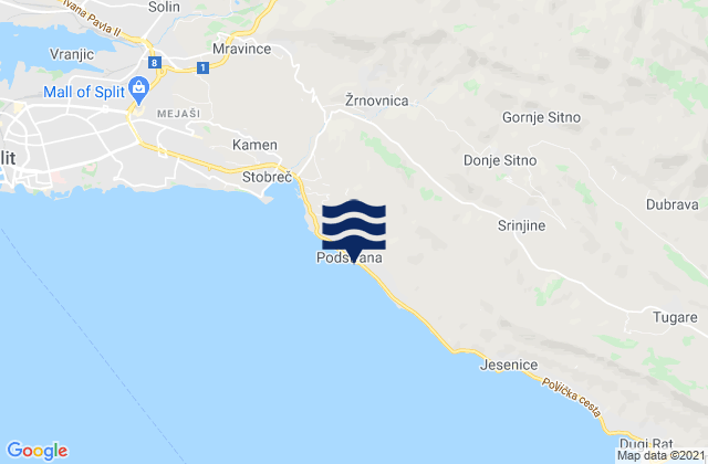 Mapa da tábua de marés em Podstrana, Croatia