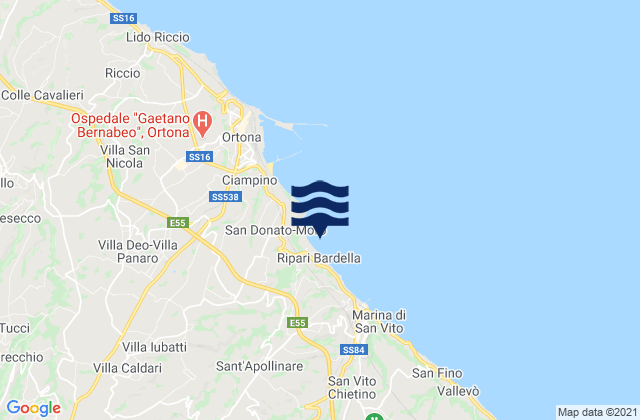 Mapa da tábua de marés em Poggiofiorito, Italy