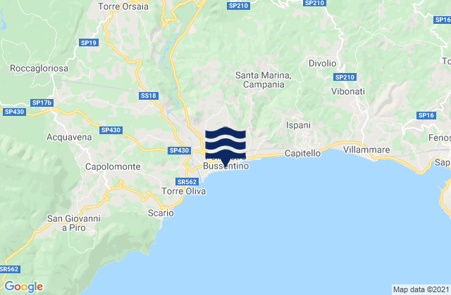 Mapa da tábua de marés em Policastro Bussentino, Italy