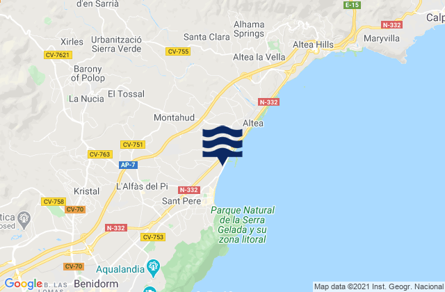 Mapa da tábua de marés em Polop, Spain